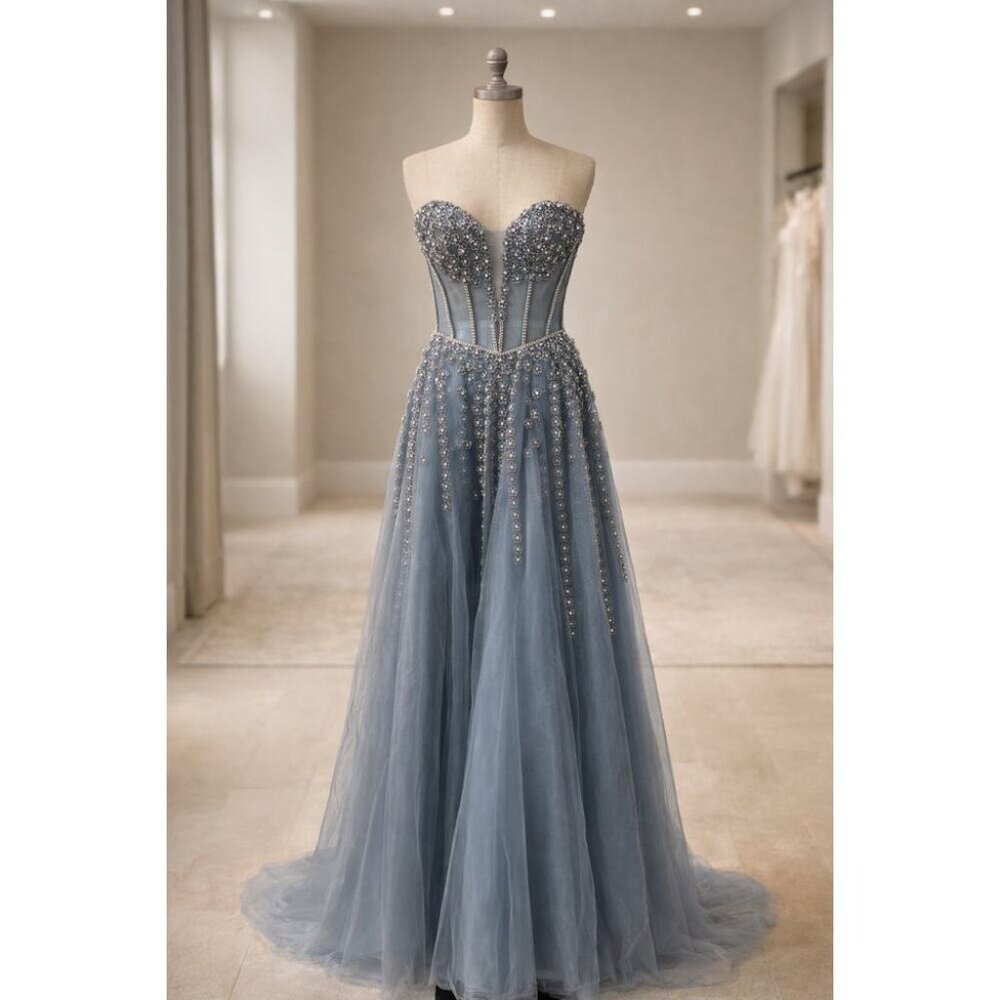 Andrea & Leo Womens Stargaze Ribbon Tulle Rhinestone Gown Midnight Blue Size 2 - Picture 3 of 8